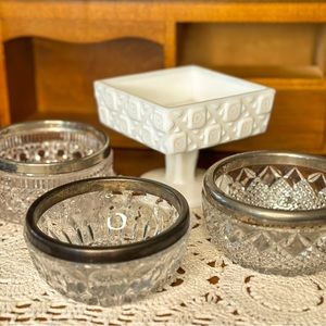 Vintage 1920’s Cut Crystal CandyDish Silver Plate Rim Bowl, Milk Glass CandyDish